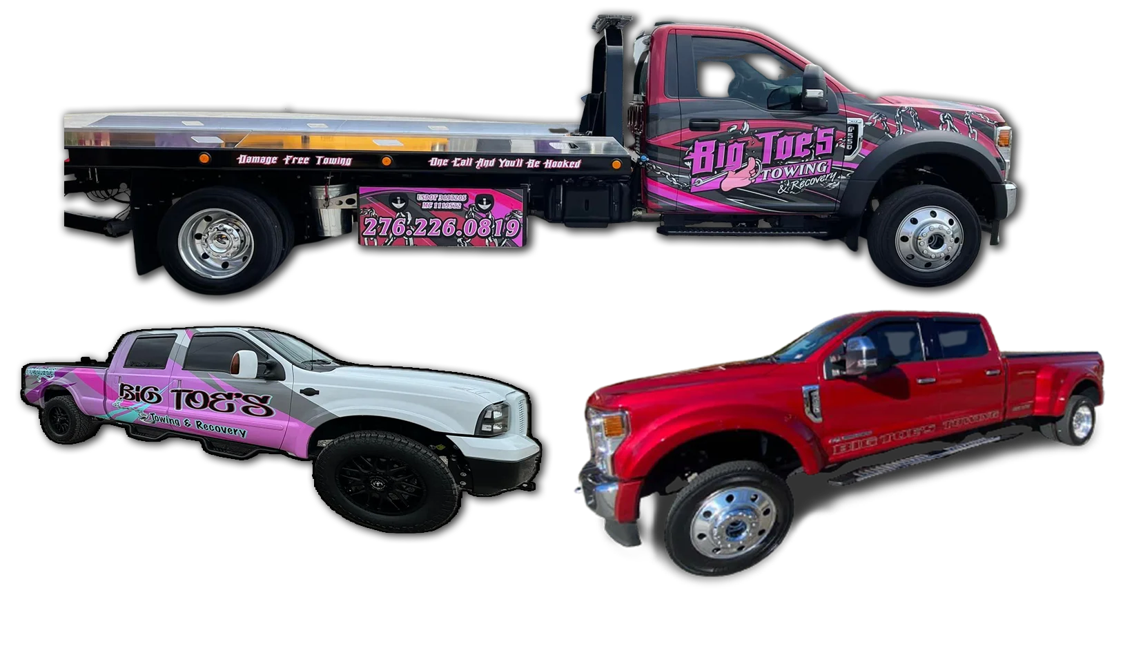 The Big Toe's fleet: pink flatbed tow truck, pink and white pickup and red dually